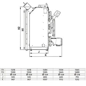 Technisches Diagramm der Kombikessel Defro Komfort Ekopell 25 kW mit Abmessungen