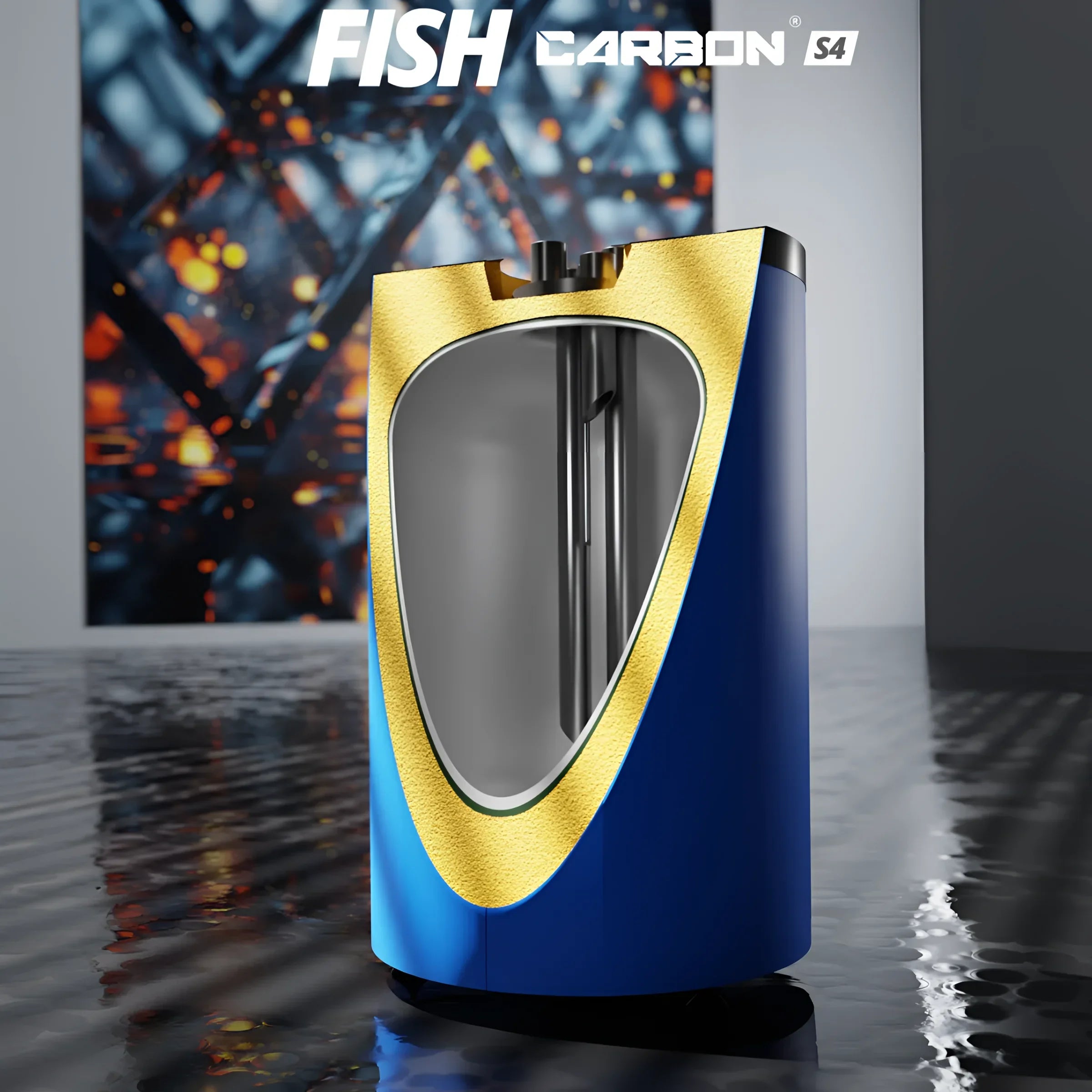 Blaue und goldene zylindrische Sunex FISH Carbon S4 Trinkwasserspeicher mit Schnittansicht