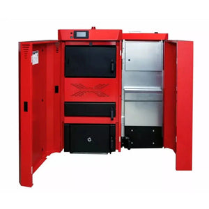 Roter Thermoflux PID Kombikessel 35 kW mit offenen Türen für Holz- und Pelletheizung