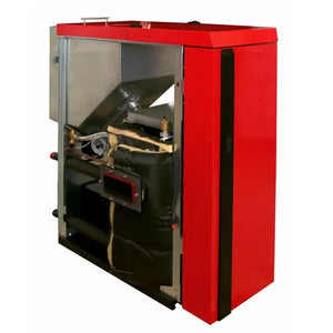 Rote und silberne Industrieheizung für effiziente Holz- und Pelletheizungssysteme