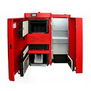 Offener roter Kessel für den Thermoflux PID Kombikessel 35 kW Holz- und Pelletheizung
