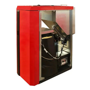 Roter und silberner Pelletofen für die Thermoflux PID Kombikessel 35 kW Holz- und Pelletheizung
