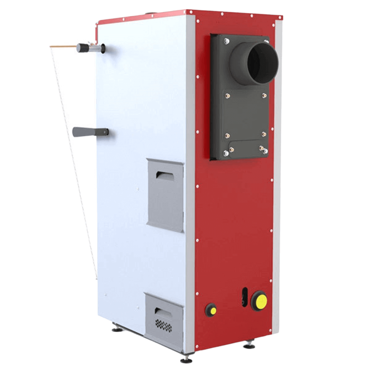 Weiße und rote Heizkessel mit Schornsteinanschluss und Bedienelementen, Defro DWS 22 kW