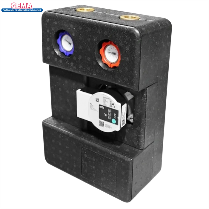 Schwarzer isolierter Heizungsverteiler mit Pumpe und Manometern für GEMA Pumpengruppe DN25 mit Kugelhan