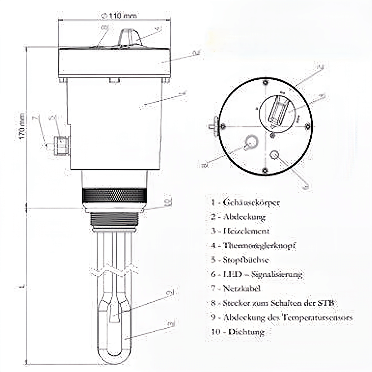 Technische Zeichnung einer einstellbaren 6 kW Elektroheizpatrone mit Maßen und Beschriftung