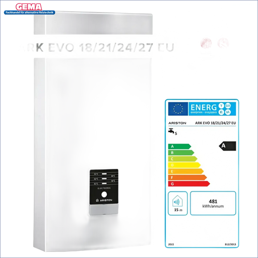 Weißer Ariston Durchlauferhitzer 18-27 kW mit Energieeffizienzlabel