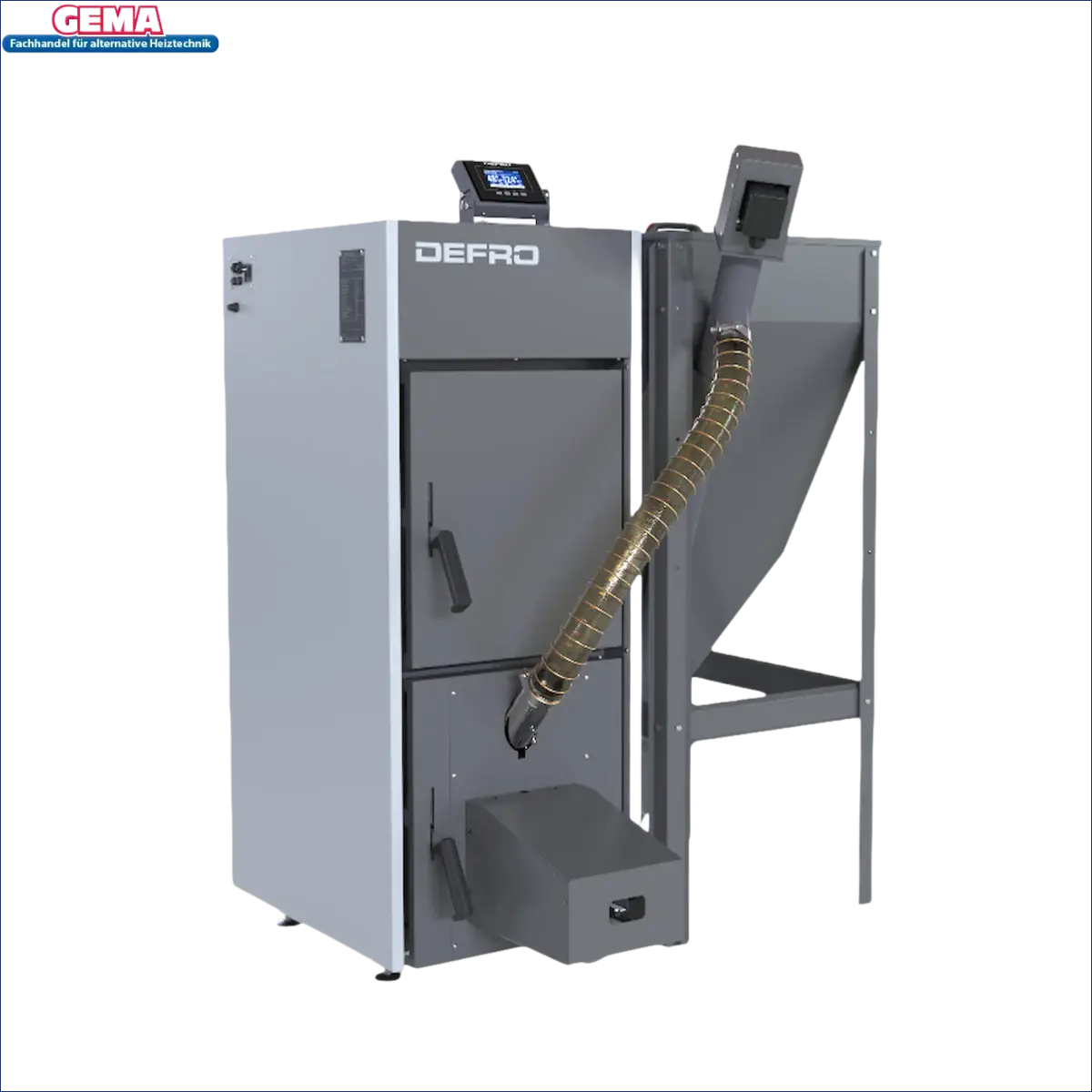 Grauer und weißer Pelletkessel mit Hopper für Pelletsystem NEXTPELL+ 16 kW