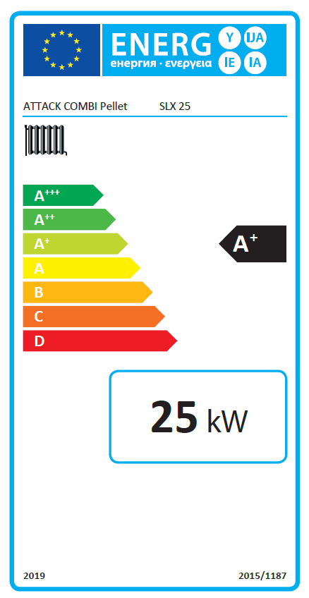 Energieeffizienzlabel für Attack SLX Kombikessel, zeigt A+ Rating und 25 kW Leistung ⚡. Ideal für Holz & Pellets.