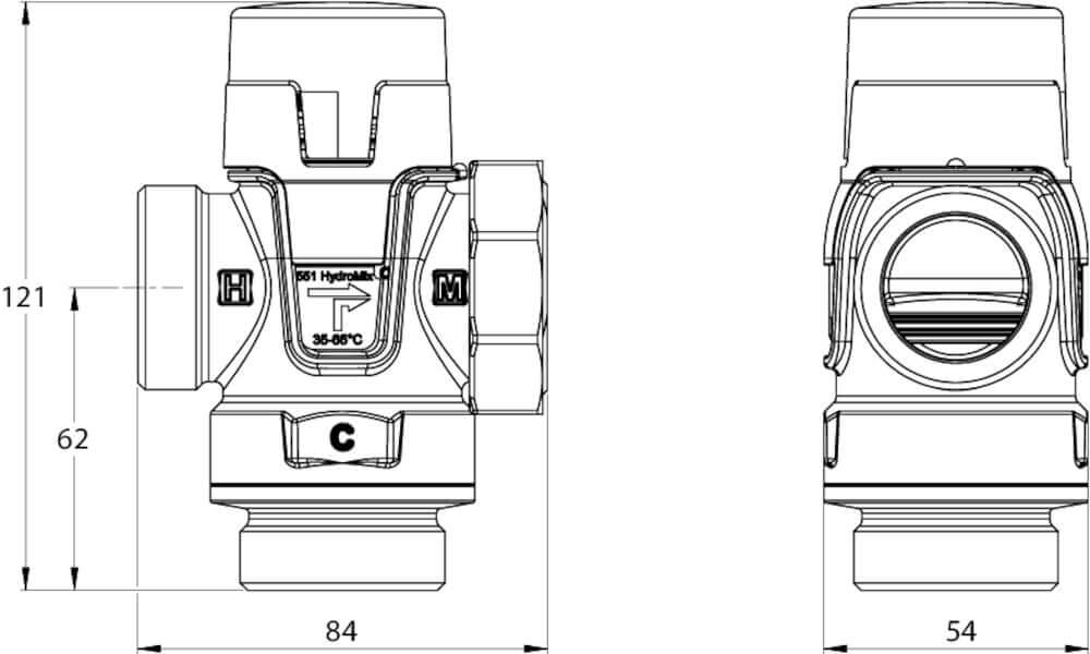 Brauchwassermischer LK 551 HydroMix 1" Außengewinde, technisches Diagramm, Temperaturregelung 🌡️, symmetrisches Mischventil