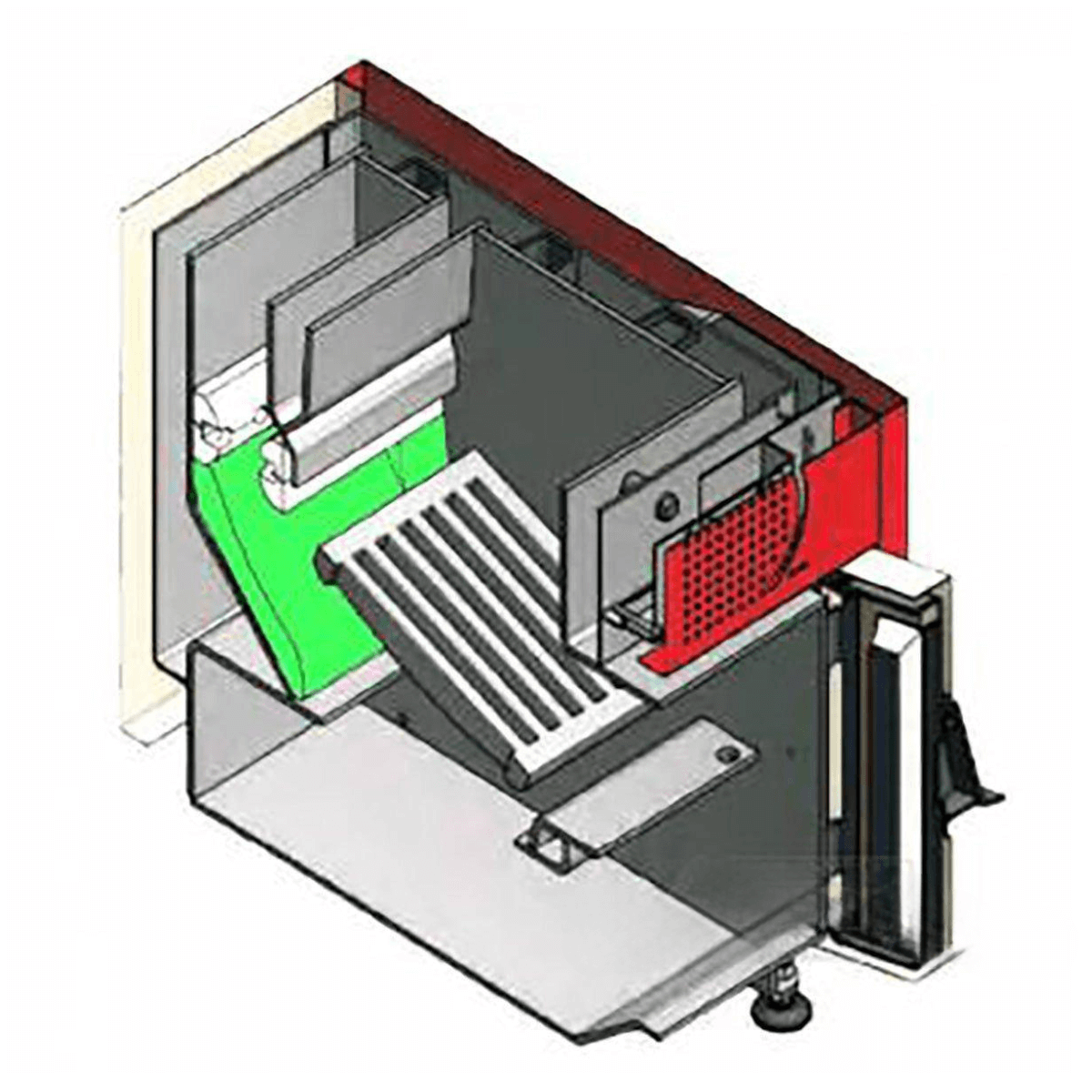 Technische Zeichnung des DEFRO DS Heizsystems mit grünem Bereich für Primär- und Sekundärsteine 🔥🔧.