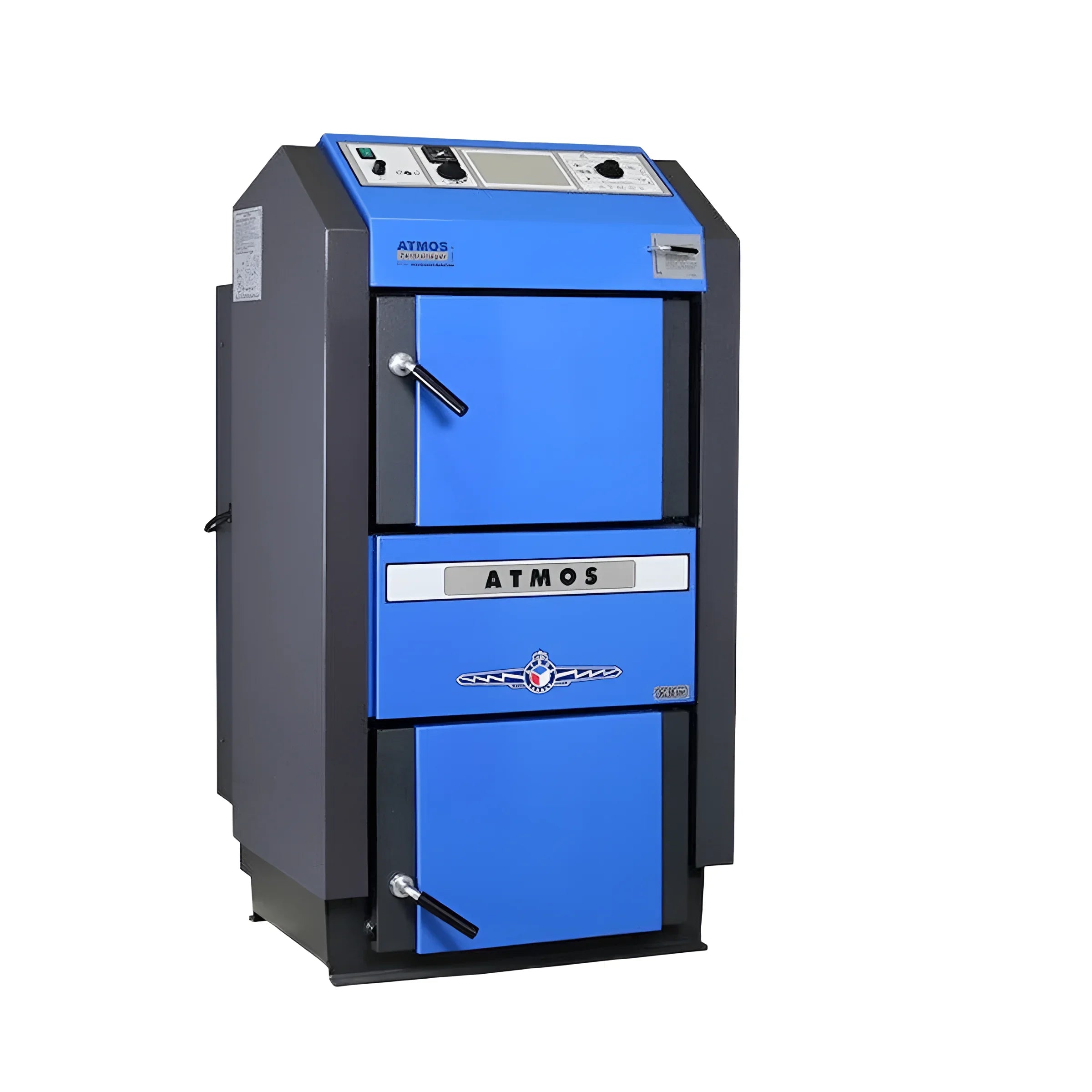 Blaue und graue Atmos Holzvergaserkessel mit Pufferspeicher im Kompletpaket Atmos DC18GSE