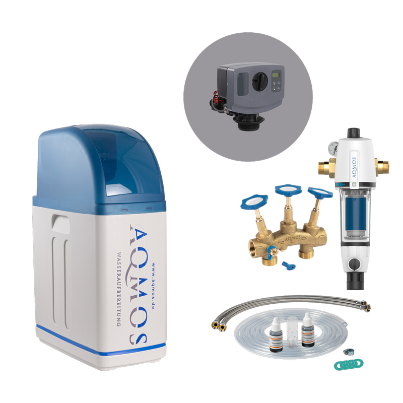 Set de dedurizare a apei AQMOS R2D2-32 cu filtru de retrosălare, set de racordare și bloc de montaj