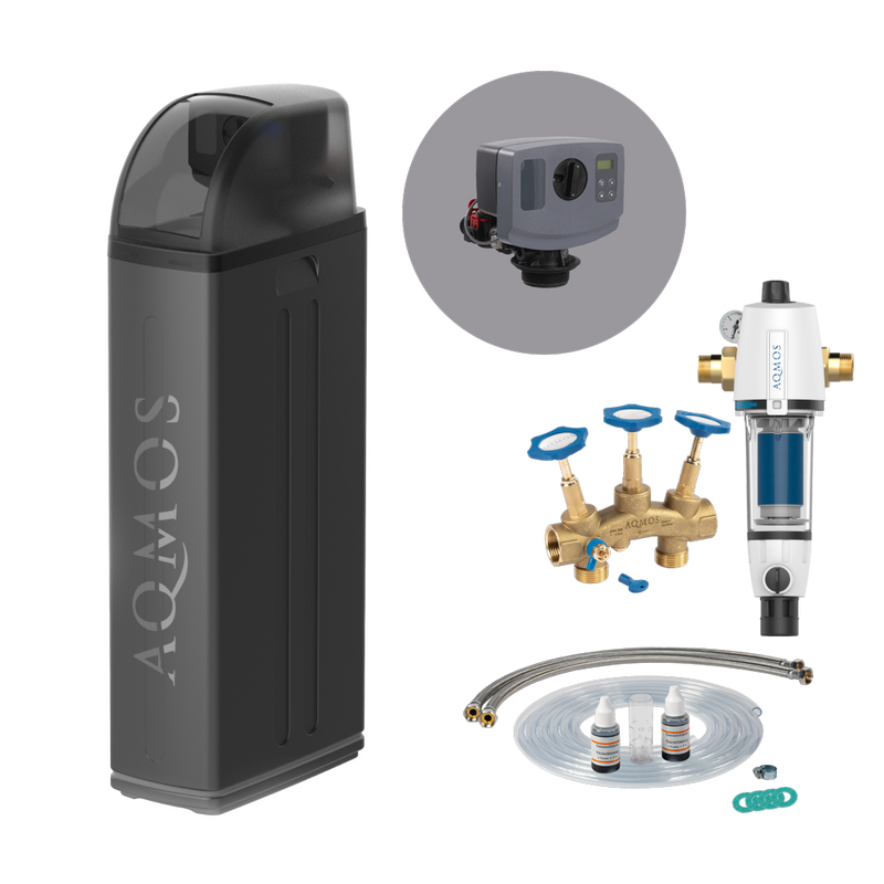 Sistem de dedurizare a apei AQMOS R2D2-72 Black Edition Set cu filtru de spălare inversă, set de conectare și bloc de montaj