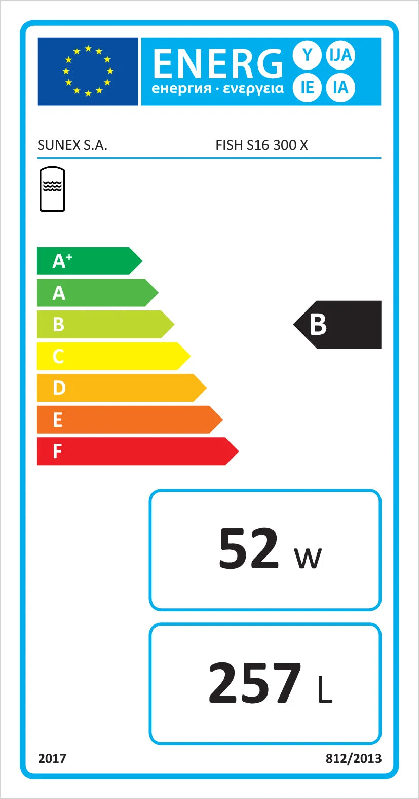 Energieeffizienzlabel für Sunex Fish S16 Warmwasserspeicher mit Magnesiumanode und großflächigem Wärmetauscher