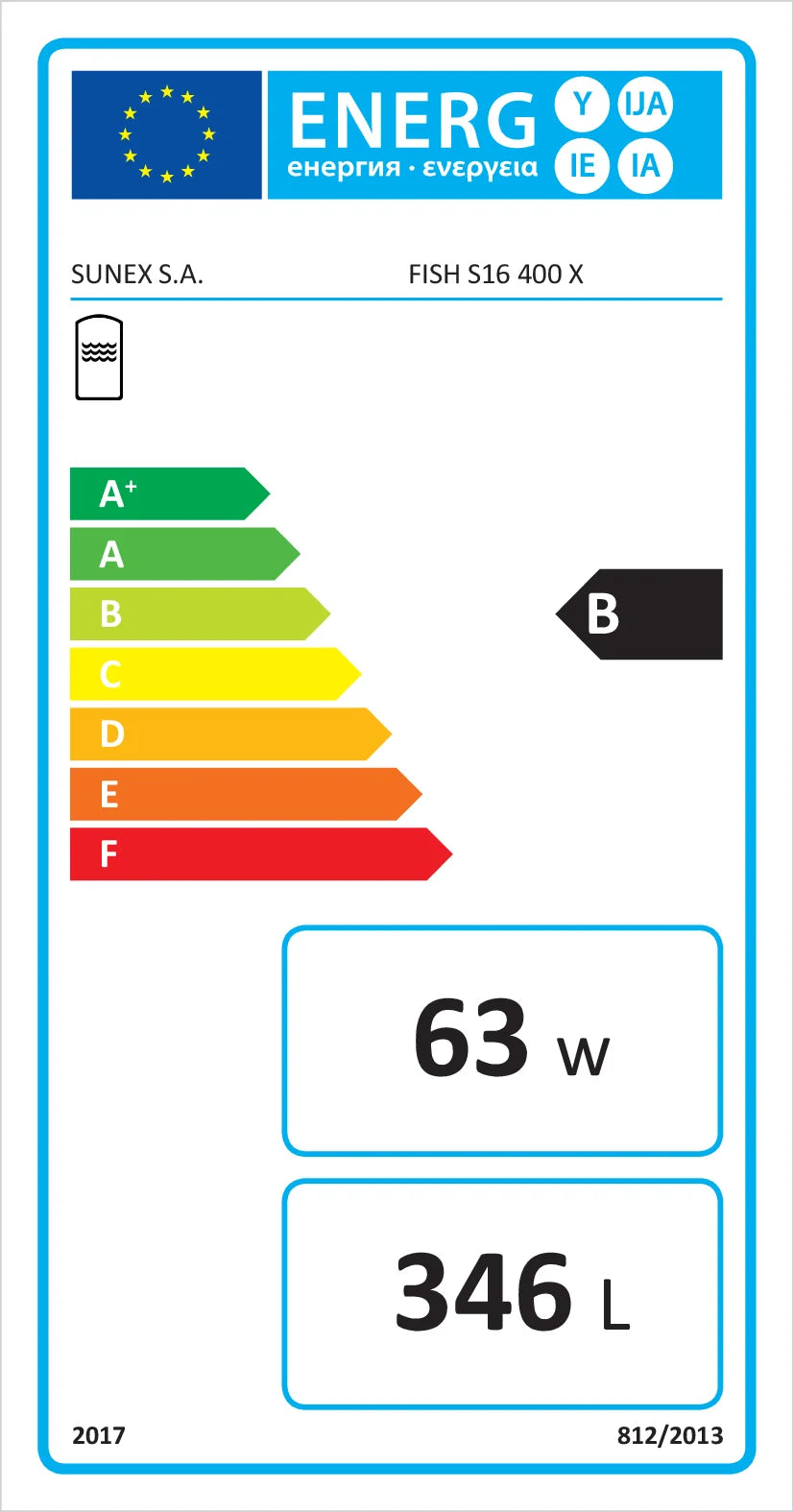 EU Energieeffizienzlabel für Sunex Fish S16 mit Magnesiumanode und großflächigem Wärmetauscher
