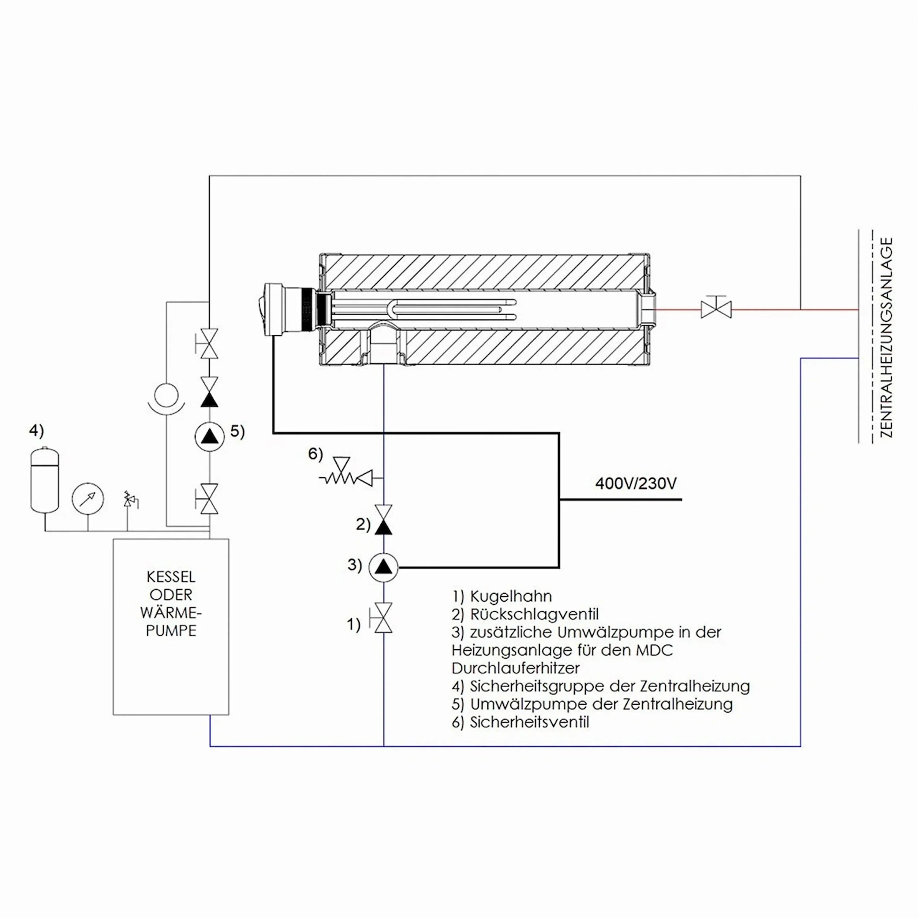 Heizungssystem Diagramm für Nachheizmodul-Durchlauferhitzer MDC für effiziente Zusatzheizung