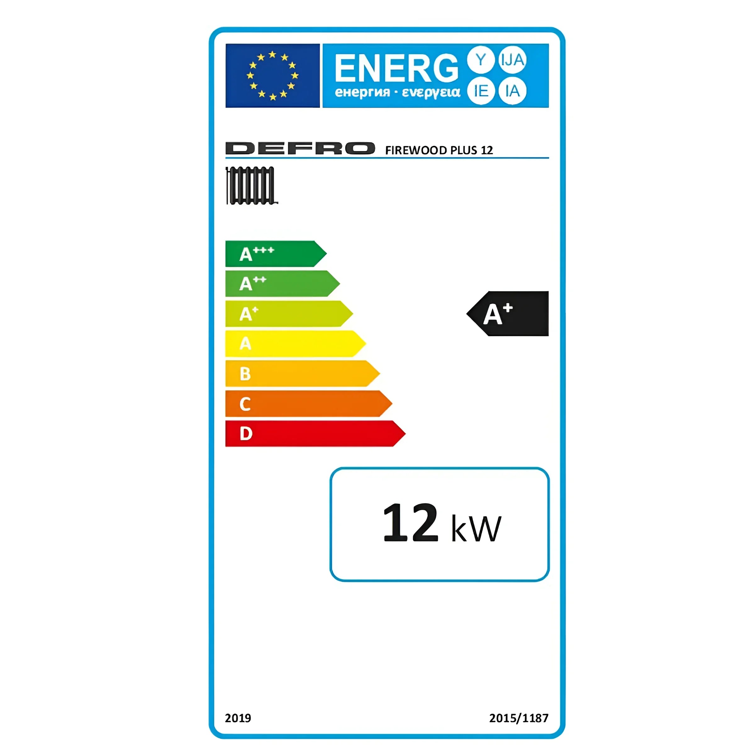 Energieeffizienzlabel für den Defro Firewood Plus 12 kW Scheitholzkessel