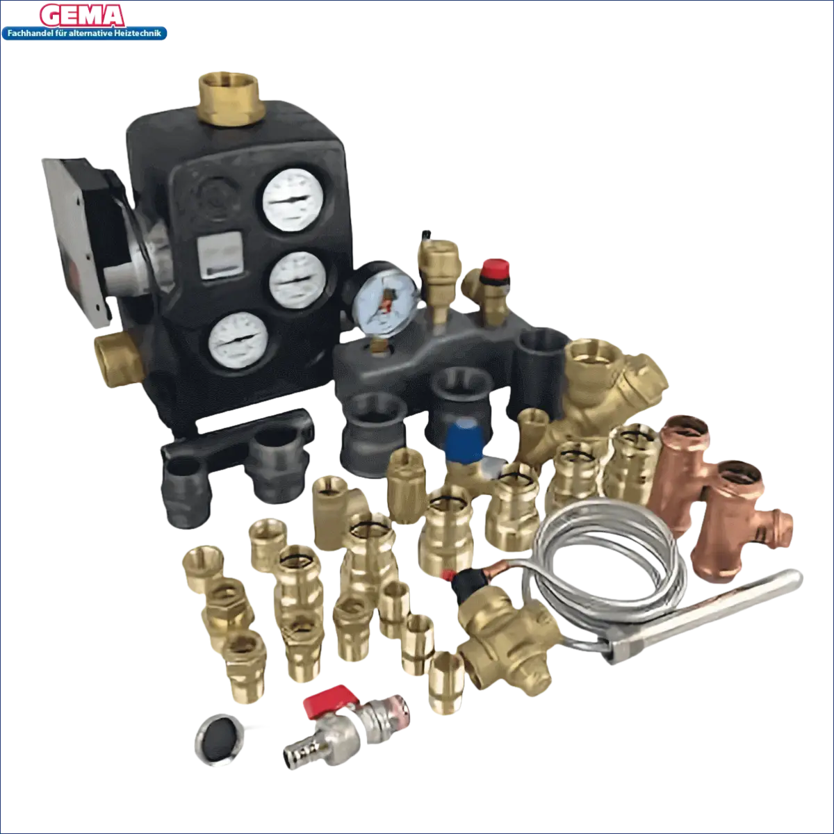 Assorted plumbing components für anschlusspaket atmos GSE bis 30 kW, inklusive Profipress Rotguss und Kupfer T-Stück