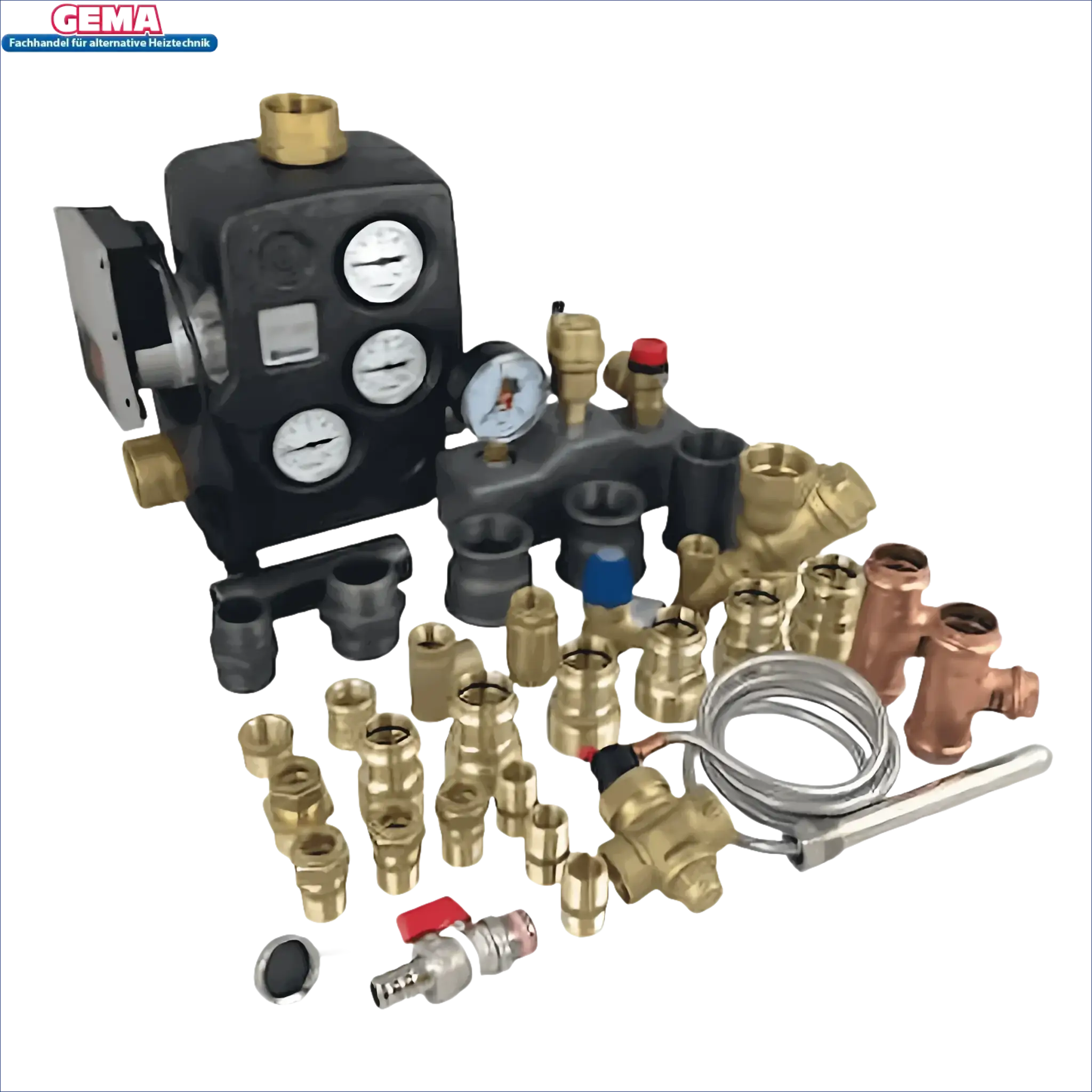 Plumbing and heating components im Anschlusspaket Atmos GSP bis 30 kW mit Profipress Rotguss und Reduzierstück schwarz