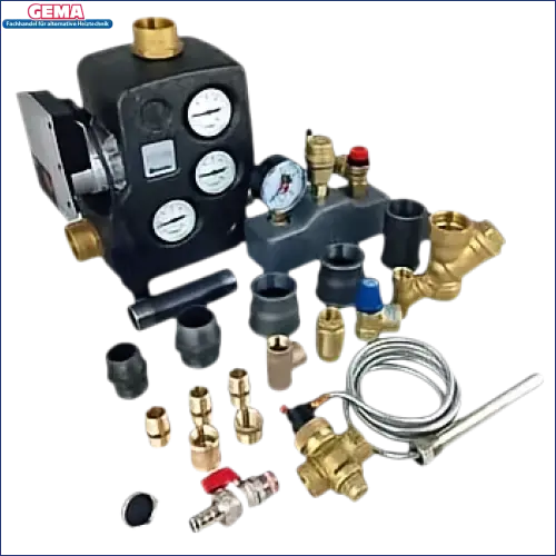 Assorted plumbing and heating components für Anschlusspaket Attack DPX bis 35 kW mit Profipress Rotguß und thermischer Ablaufsicherung