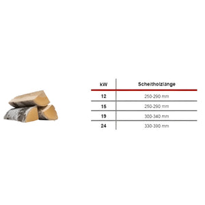Feuerholz und eine Tabelle mit Abmessungen für den Defro Firewood Plus 12 kW Scheitholzkessel