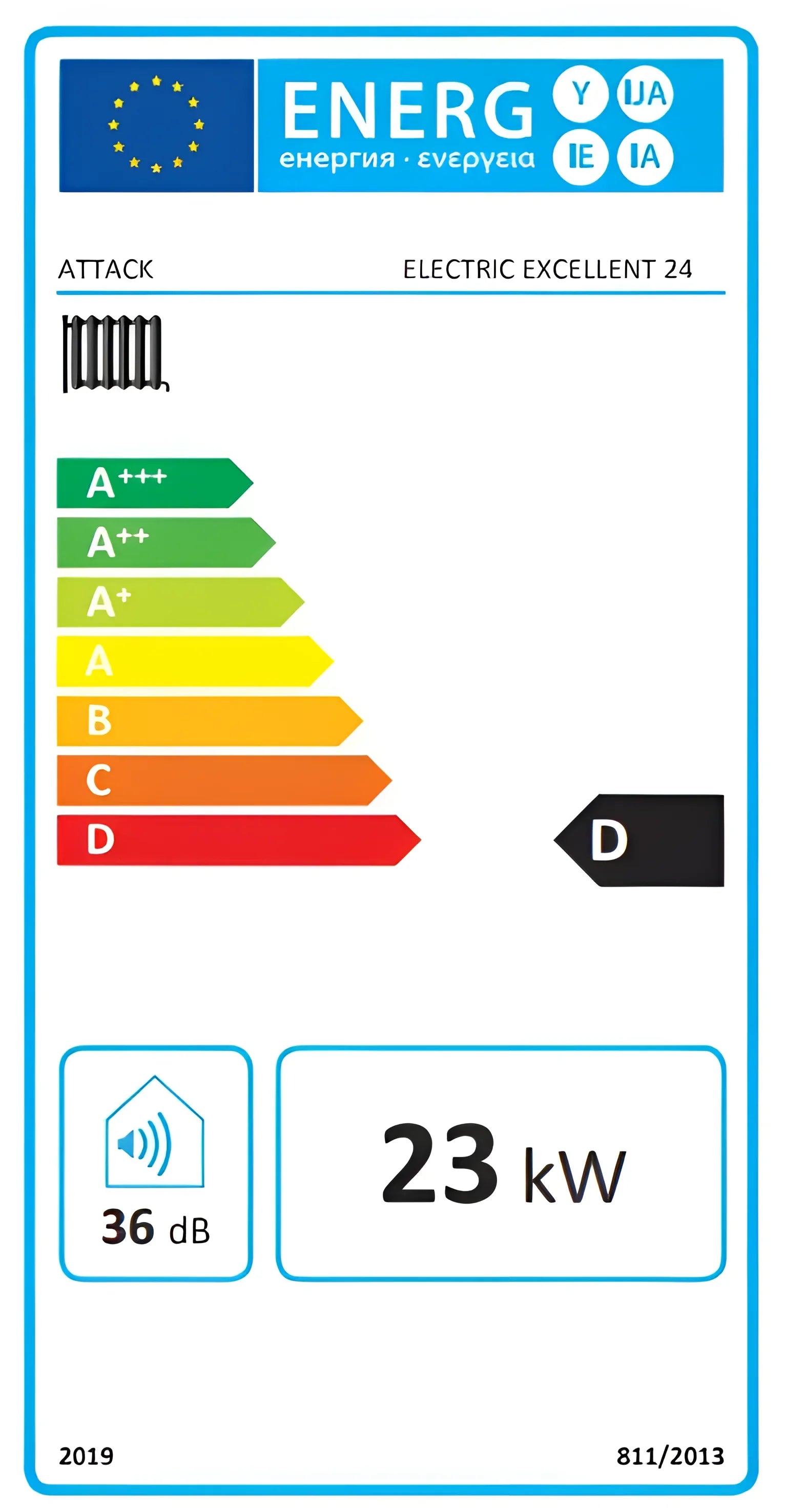 Energieeffizienzlabel für ATTACK Elektrokessel 24 kW, zeigt D-Rating, Lärm 36 dB und Stromverbrauch.