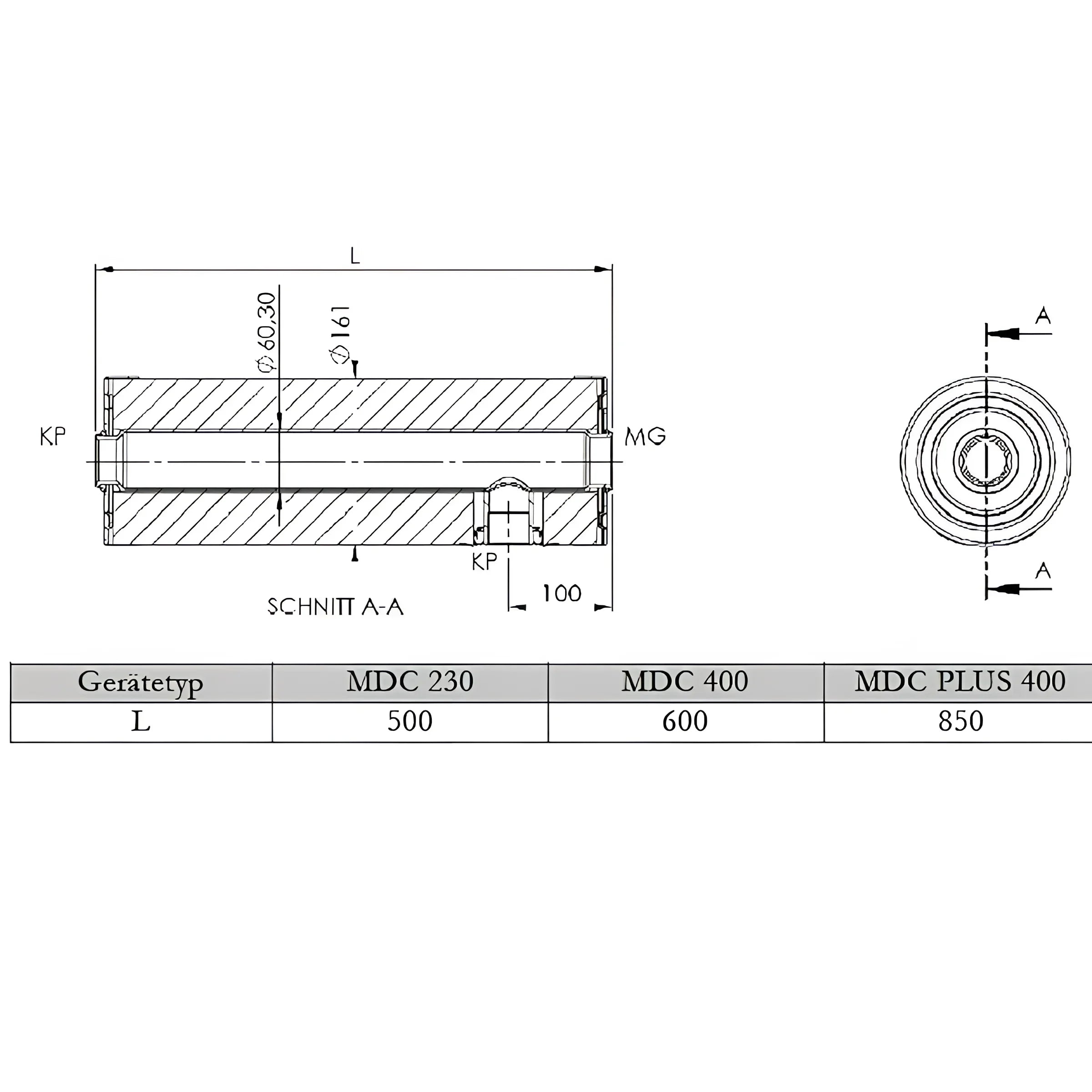 Technische Zeichnung des zylindrischen PV Durchlauferhitzer Heizmodul MDC 400P