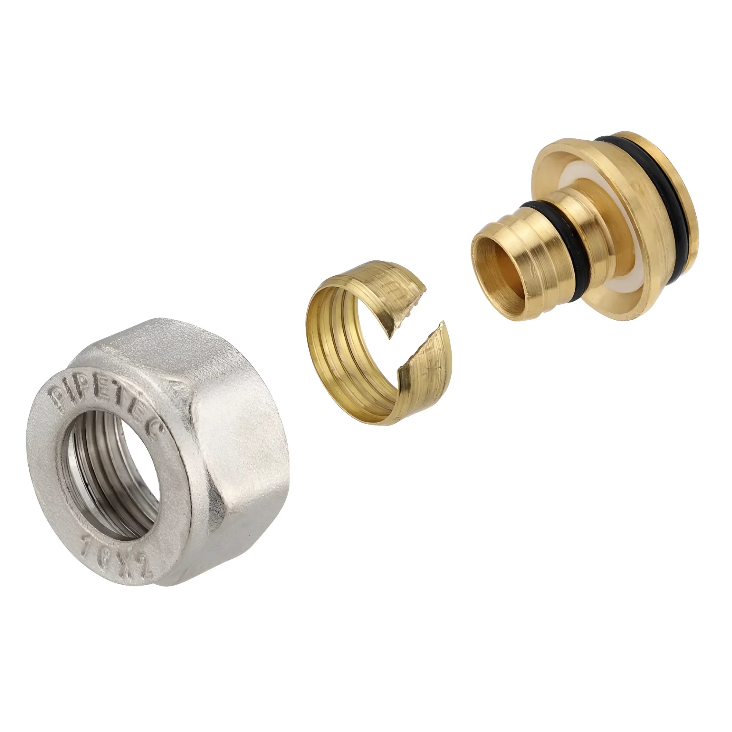 Disassembled brass plumbing fitting for sichere rohrverbindung bei Klemmringverschraubung