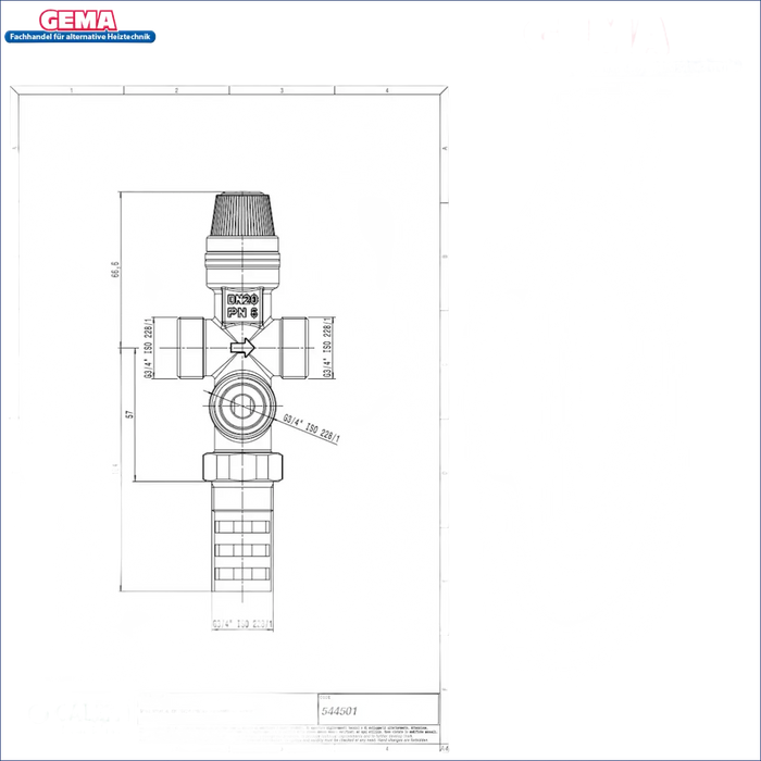 Diagramm einer doppelten thermischen Ablaufsicherung mit Maßangaben für 3/4 Zoll