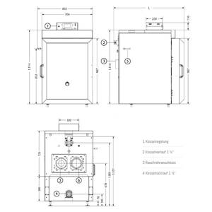 Technische Zeichnung eines IBC Holzvergaserkessel GK-7k-öko 25 kW mit Maßen