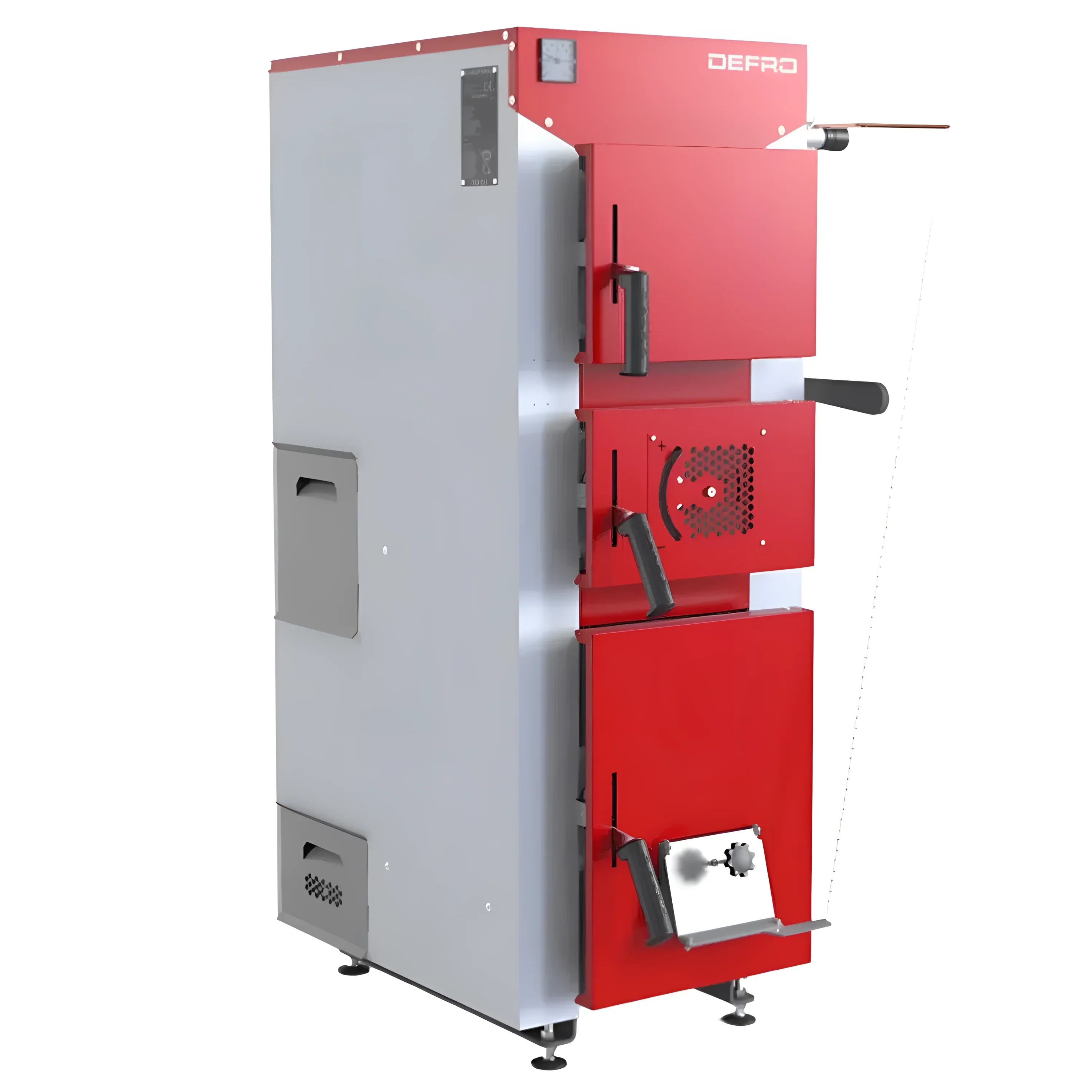 Roter und grauer Festbrennstoffkessel Defro DWS 12 kW für effizientes Heizen mit Holz und Kohle