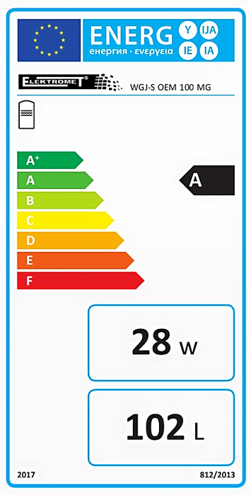 Energieeffizienzlabel für Trinkwasserspeicher 100L, Energiekategorie A, 28W Verbrauch, 102L Kapazität.