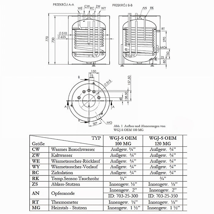 Diagramm für Trinkwasserspeicher 100 Liter mit Heizstab 3 kW, zeigt Maße und Anschlussdetails 🛠️💧.