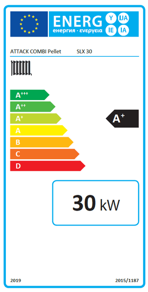 Energieeffizienzlabel für den Attack SLX Kombi 30 kW Holz- und Pelletkessel