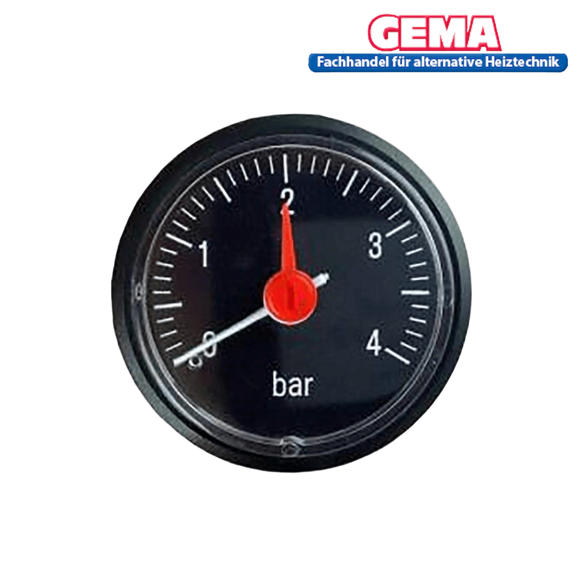 Manometer für Holzvergaserkessel ⏱️, zeigt Wasserdruck an 💧, mit statischem Warnsignal ⚠️ bei Über-/Unterdruck.