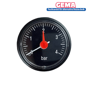 Manometer für Holzvergaserkessel ⏱️, zeigt Wasserdruck an 💧, mit statischem Warnsignal ⚠️ bei Über-/Unterdruck.