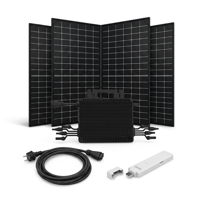 GEMA Shop Balkonkraftwerk mit 4 bifazialen Jolywood Solarmodulen, Hoymiles Wechselrichter, Kabel und DTU-WLite-S