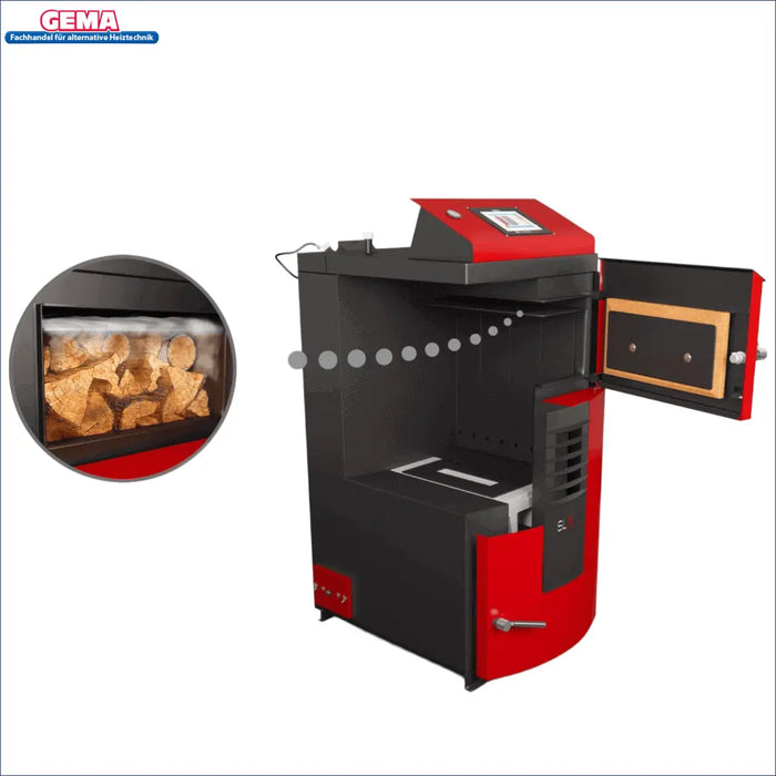 Attack SLX Lambda 25 kW 🔥 mit offenem Holzfach, moderne Heiztechnik in rotem und schwarzem Design.