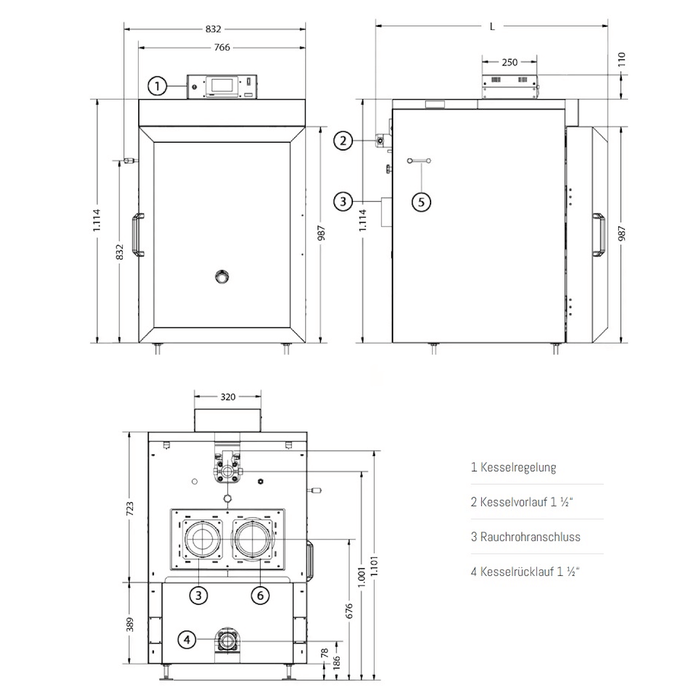 Technische Zeichnung des IBC Holzvergaserkessels GK 7 öko mit Maßangaben und Anschlussdetails. 🏠🔥