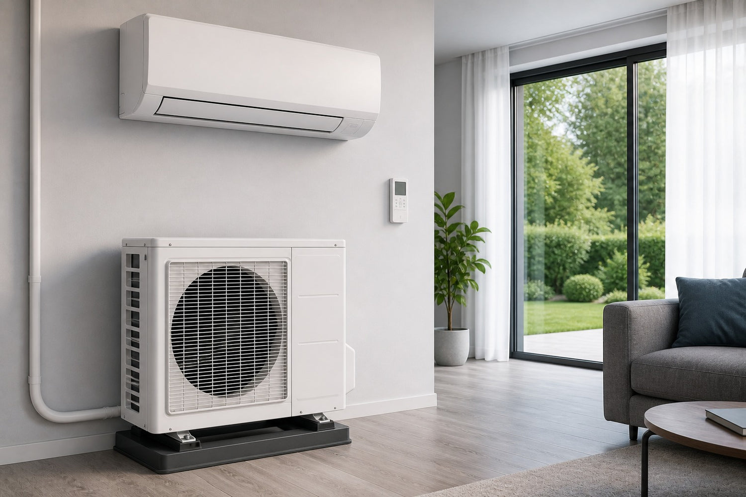 Klimaanlage mit Innen- und Außengerät in modernem Wohnraum mit heller Fensterfront