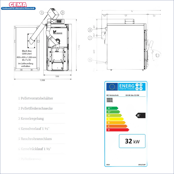 Technische Zeichnung und Energielabel der Pelletheizung IBC GK8k-öko 32 kW