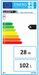 Energieeffizienzlabel für Trinkwasserspeicher 100L, Energiekategorie A, 28W Verbrauch, 102L Kapazität.