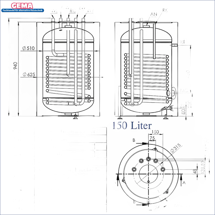 Diagramm eines 150L Warmwasserspeichers mit Wärmetauscher und Anschlüssen für Brauchwasser 🔥💧