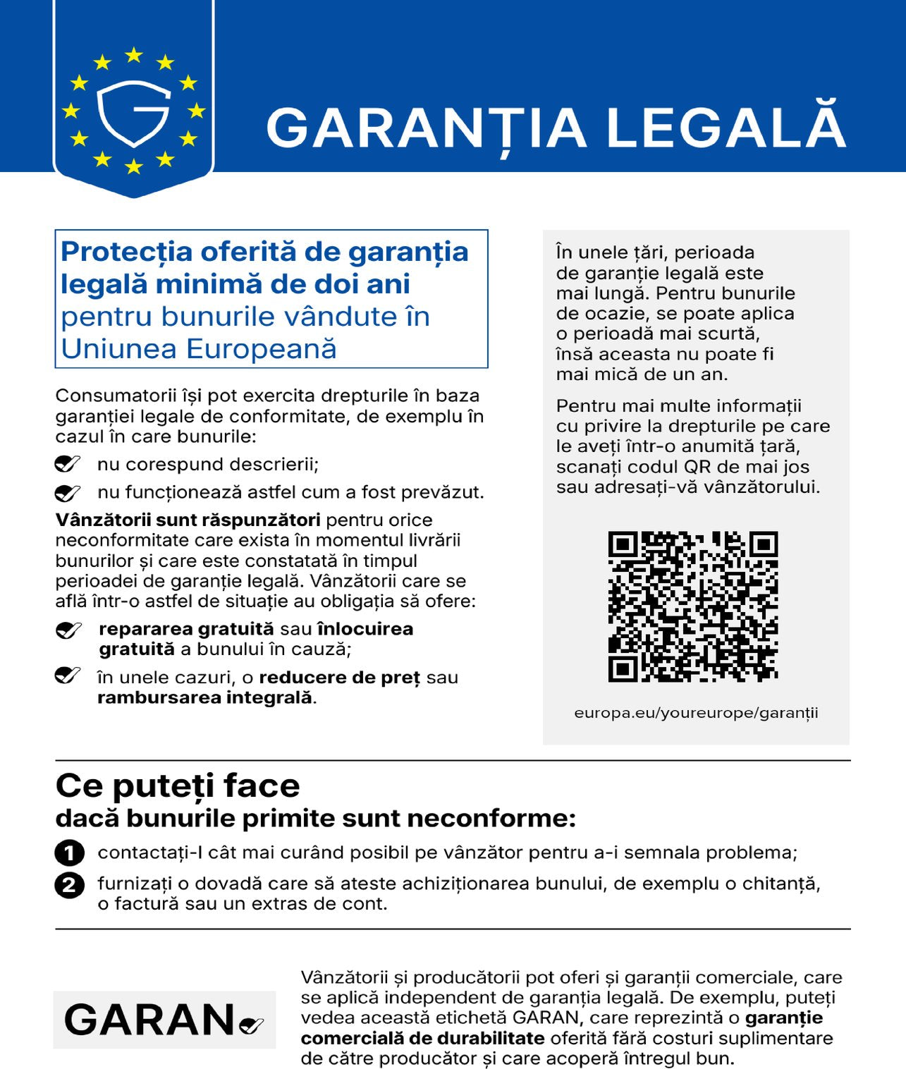 Notificare armonizată a UE privind garanția legală de conformitate